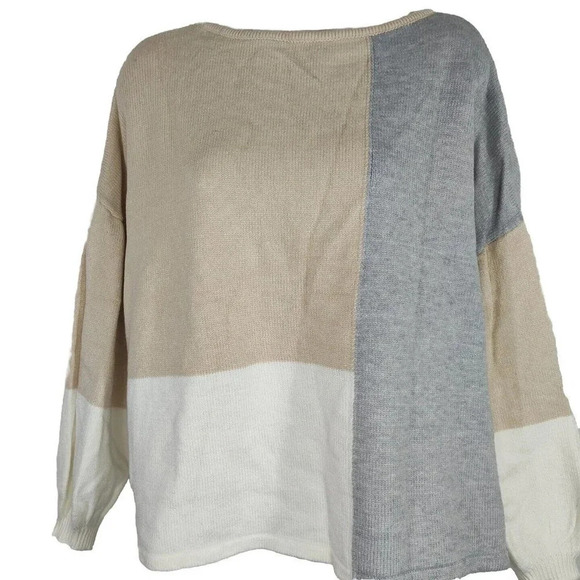 White Grey Tan Colorblock Knit Sweater Boxy Oversize Women Size L Bubble Sleeve - Picture 2 of 6